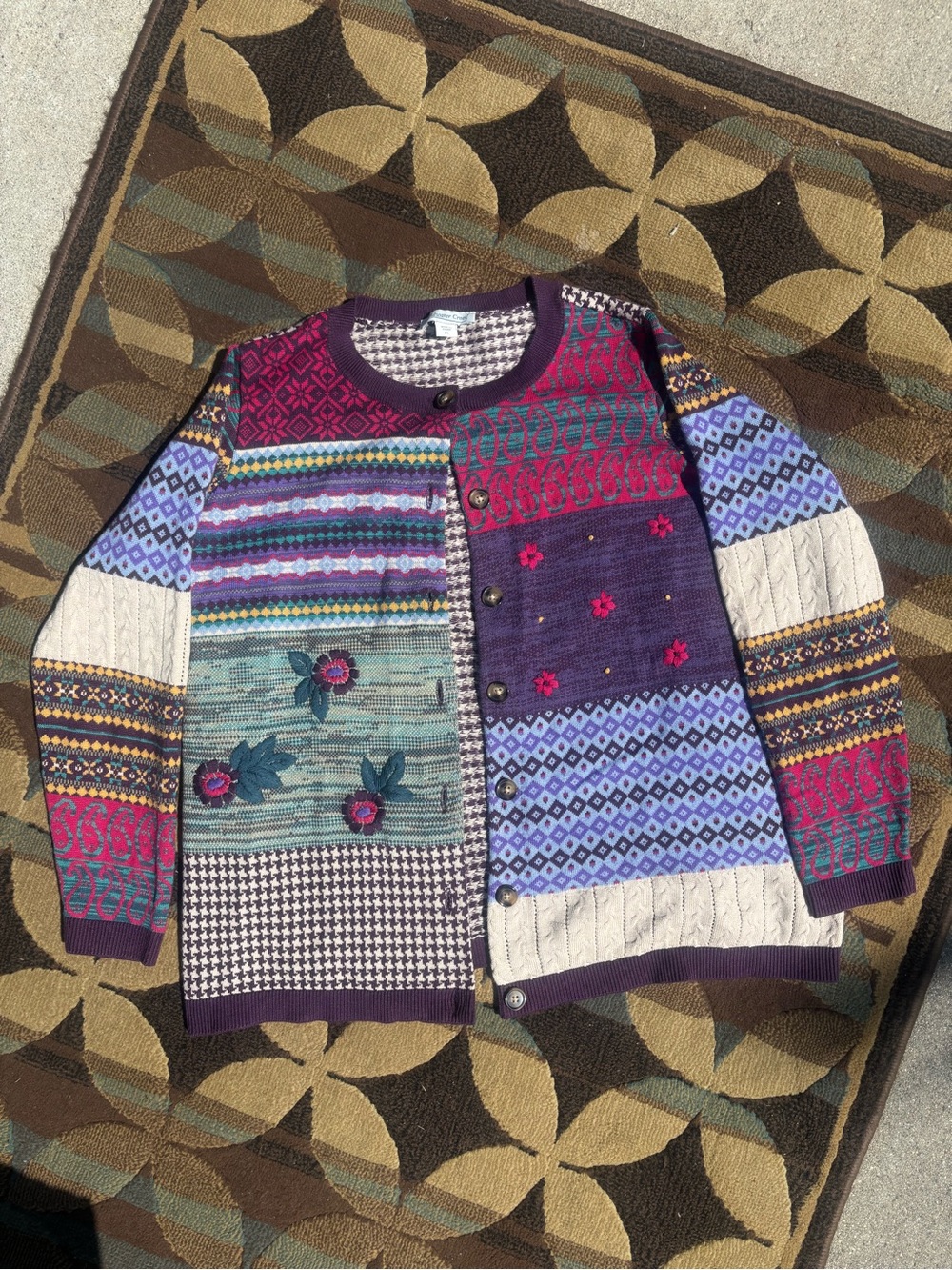 Y2K Coldwater Creek Purple Multi Patchwork Knit Cardigan